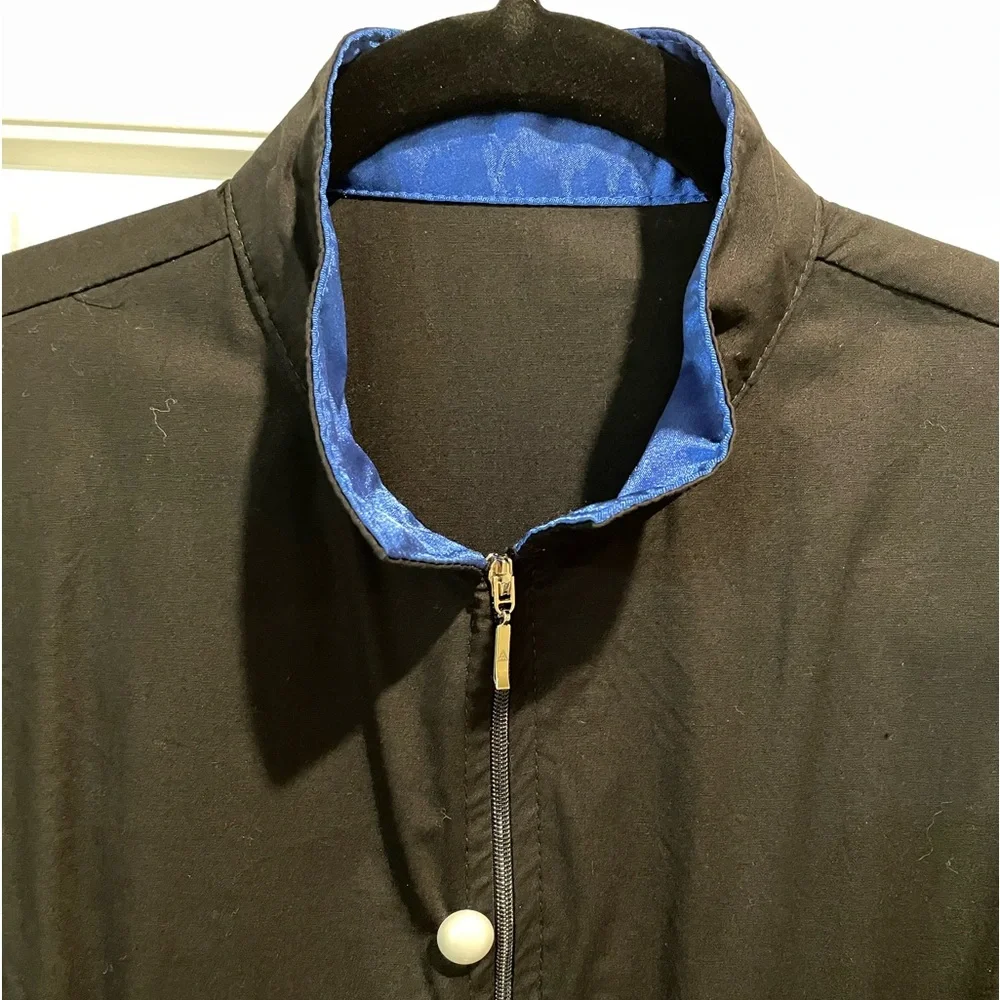 Black and blue long sleeved dress with button detail and front zipper closure. - Picture 3 of 6